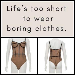 $895 Lingerie Mesh Boning Black/Tan Thong Bodysuit